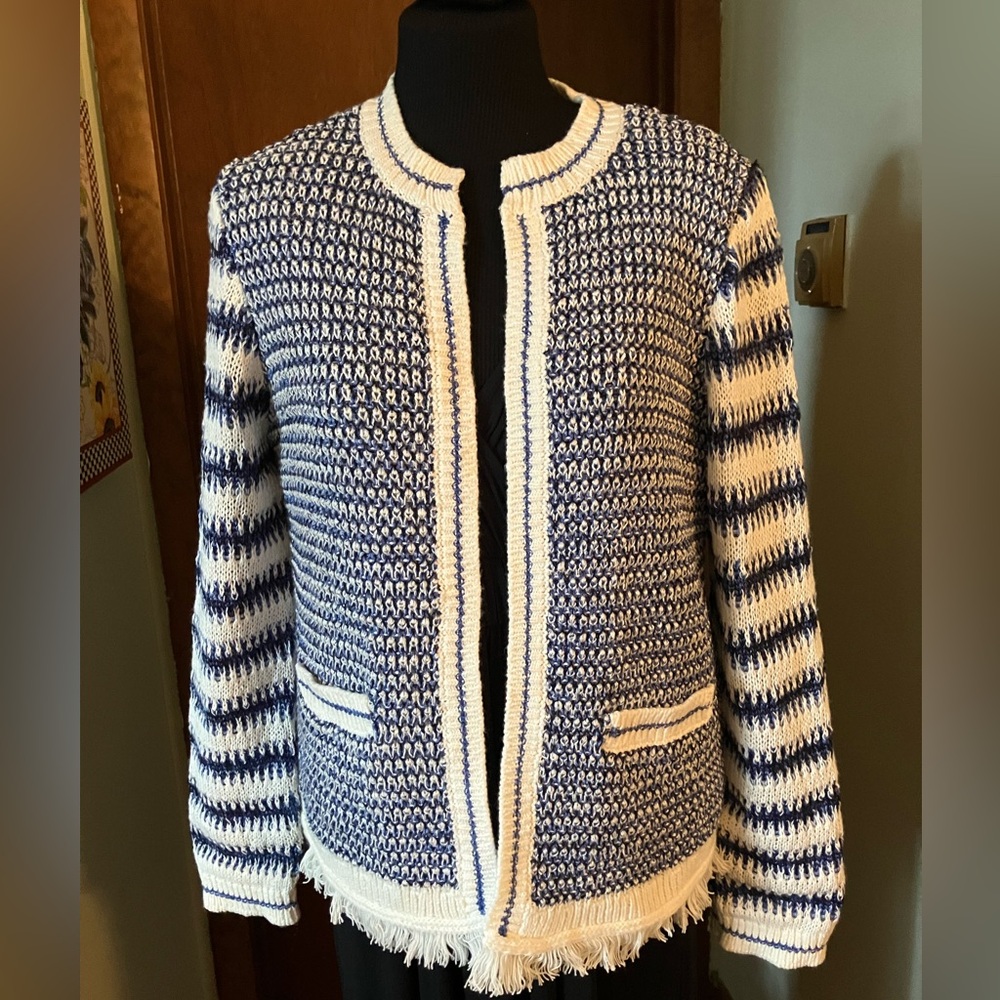 Talbots Open Front Long Sleeve Fringed Mixed Knit Cardigan Sweater Size Medium